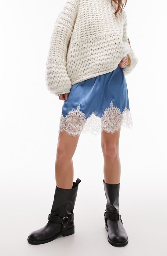 Shop Topshop Lace Hem Satin Skirt In Mid Blue