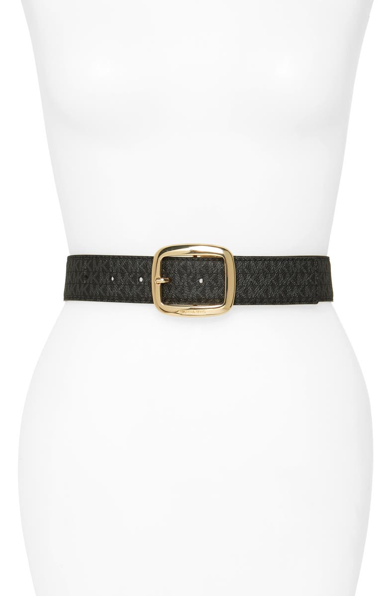 MICHAEL MICHAEL KORS Logo Reversible Calfskin Leather Belt, Main, color, BLACK/ ACORN