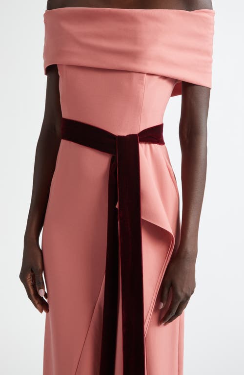 Shop Oscar De La Renta Asymmetric Belted Off The Shoulder Virgin Wool Blend Gown In Rouge