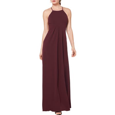 #levkoff Halter Crepe A-Line Gown, Burgundy