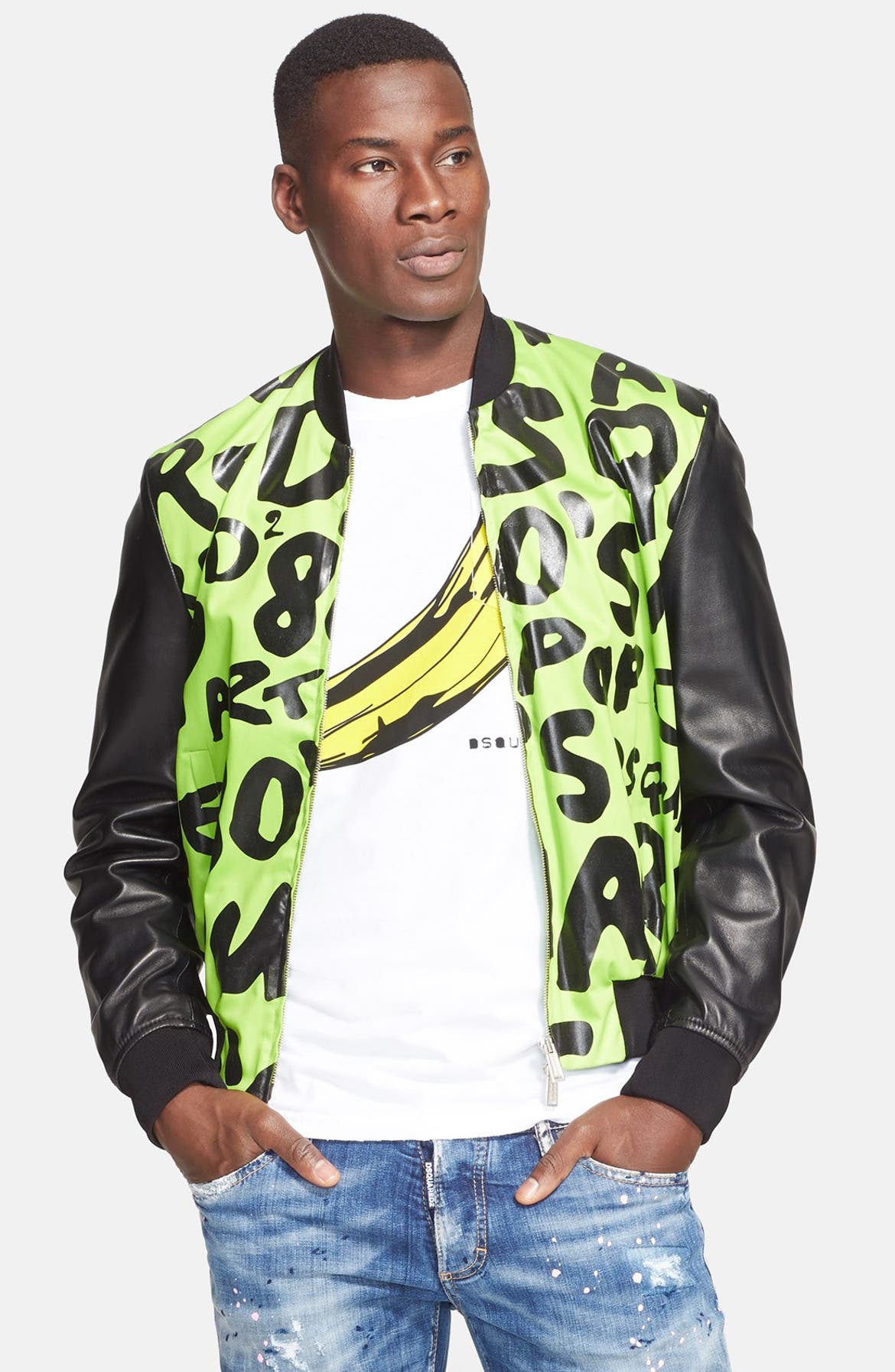 Dsquared2 Print Stretch Cotton Bomber Jacket with Genuine Leather ...