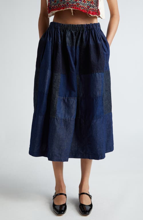 Patchwork Denim Midi Skirt in Indigo