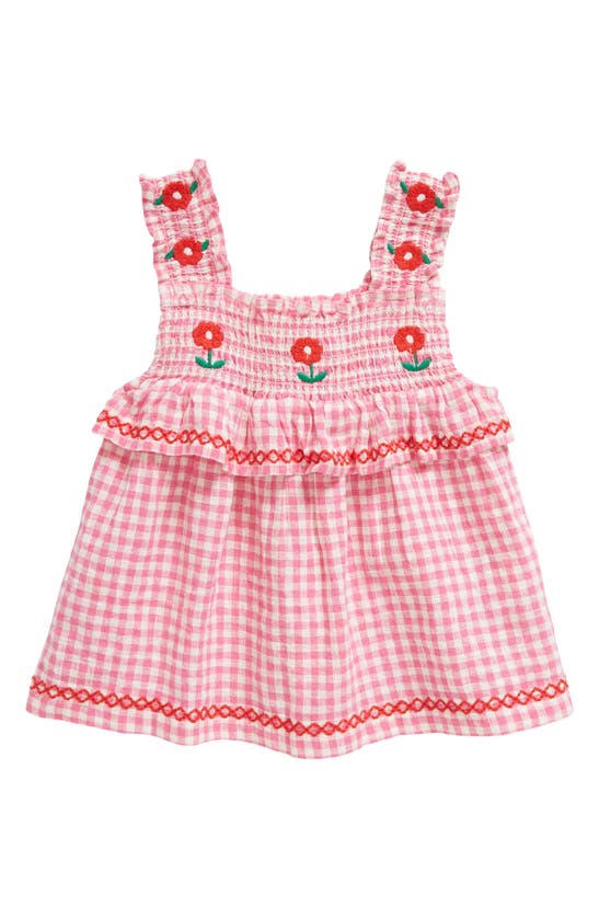 Shop Mini Boden Kids' Embroidered Smocked Top In Pink Gingham