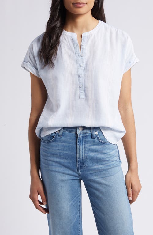 caslon(r) Short Sleeve Linen Popover Top in Blue Skyway Bon Stripe