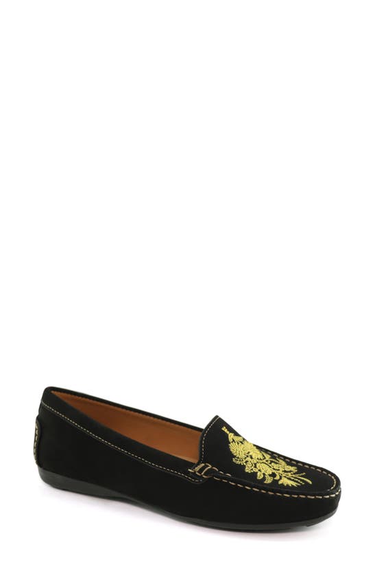 Driver Club Usa Nashville Embroidered Loafer In Black Nubuck/ Contrast Stitch