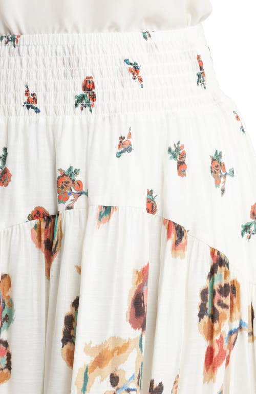 Vince Ikat Smocked Floral Print Skirt In Optic White