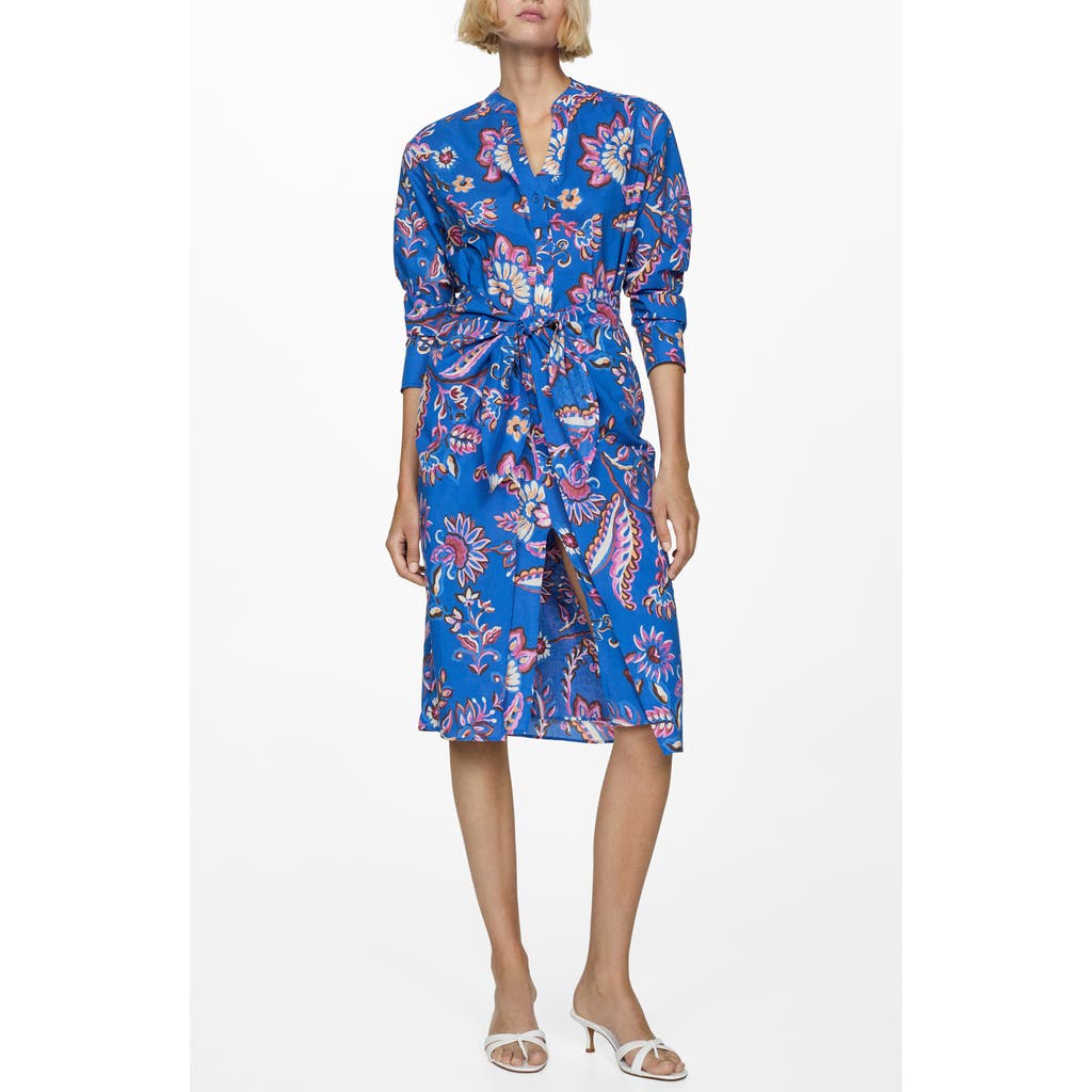 Shop Mango Floral Cotton Shirtdress In Blue