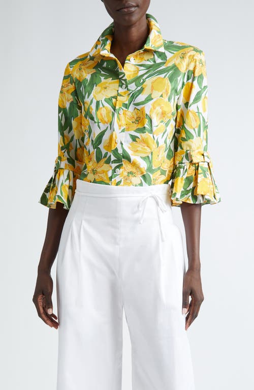 Floral Ruffle Stretch Cotton Button-Up Shirt in White Multi