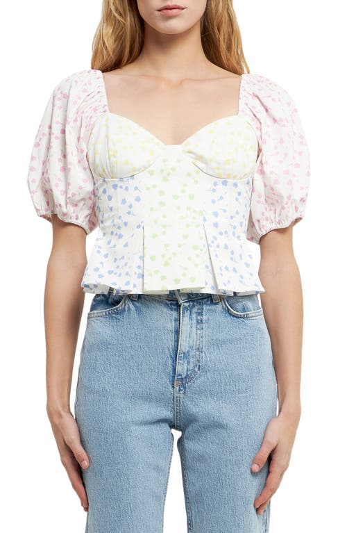 English Factory Floral Patchwork Puff Sleeve Crop Top in White Multi