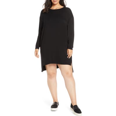 Plus Size Eileen Fisher Long Sleeve Drop Tail Hem Shift Dress, Black