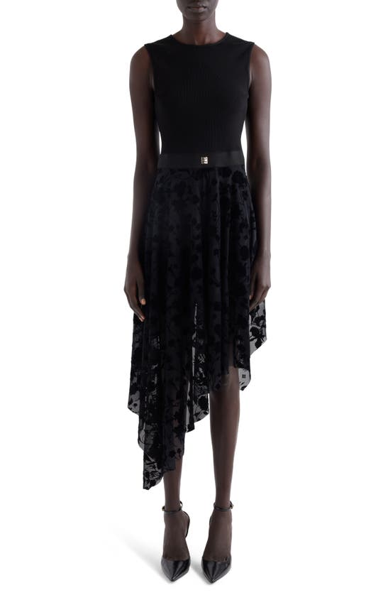 Givenchy Mixed Media Asymmetric Midi Dress In Black