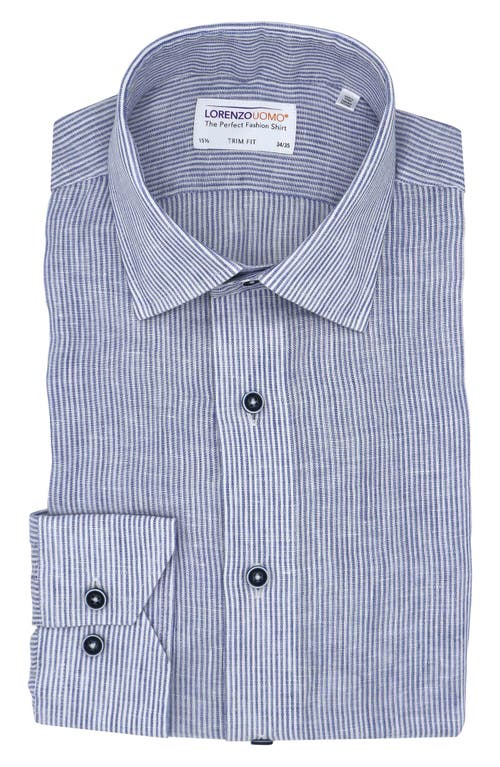 Lorenzo Uomo Striped Linen Trim Fit Dress Shirt In White/blue