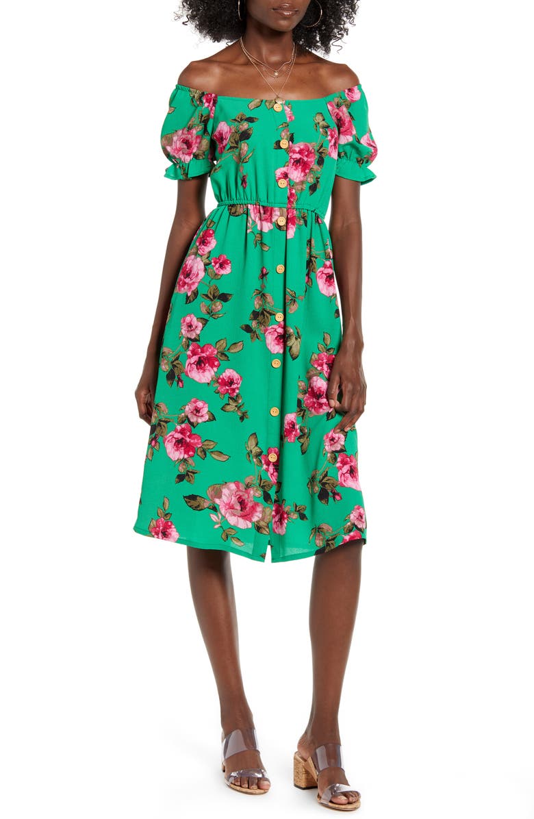 TEN SIXTY SHERMAN Floral Off the Shoulder Dress, Main, color, KELLY GREEN FLORAL