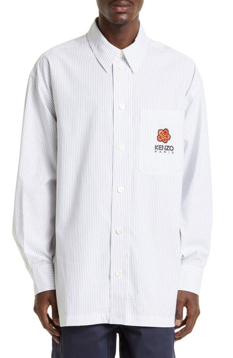 Stripe Embroidered Boke Flower Crest Button-Up Shirt