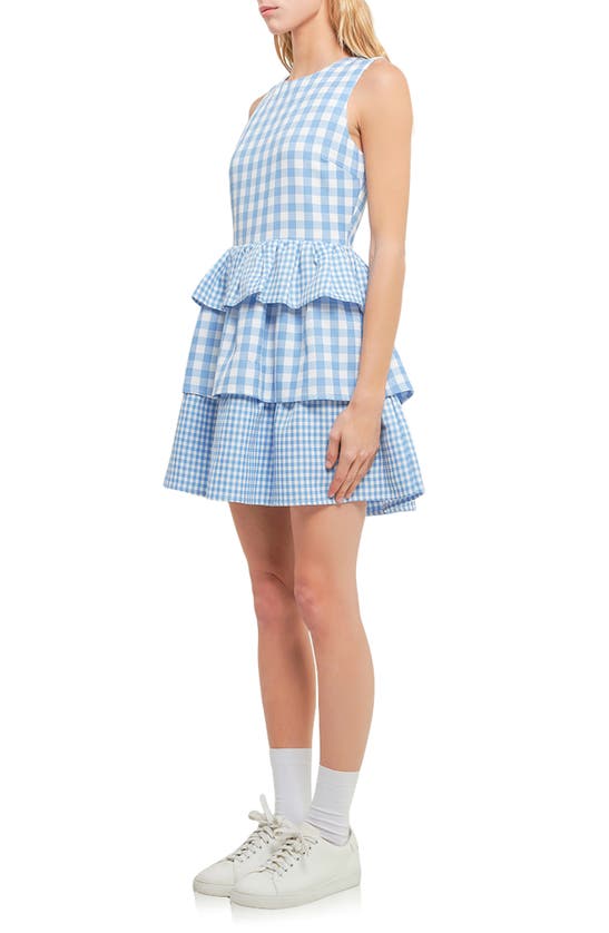 Shop English Factory Tiered Gingham Sleeveless Dress In Ocean Blue