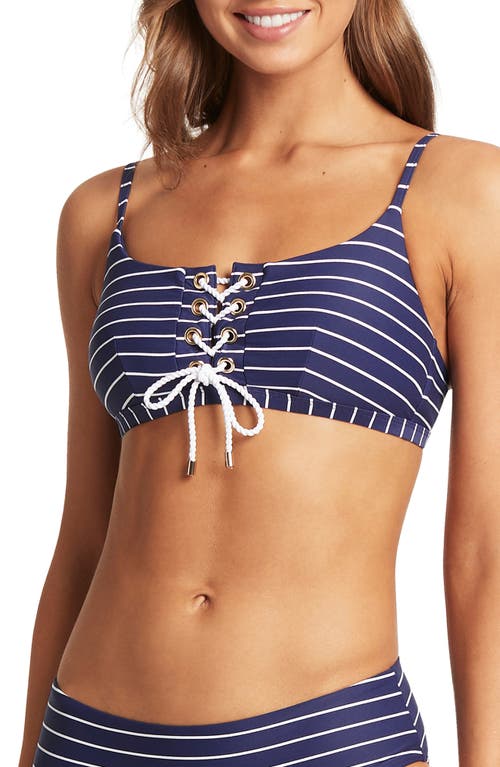 Stripe Lace-Up Bikini Top in Navy
