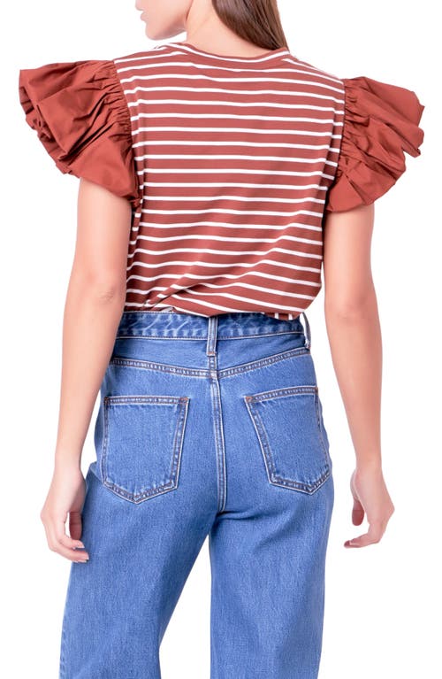 English Factory Mixed Media Stripe Ruffle Sleeve Top In Brown/white