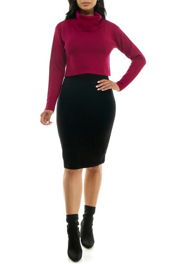 Nina Leonard Colorblock Long Sleeve Sweater Dress In Sangria/black