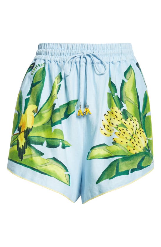 Shop Farm Rio Summer Foliage Print Linen Blend Shorts In Blue