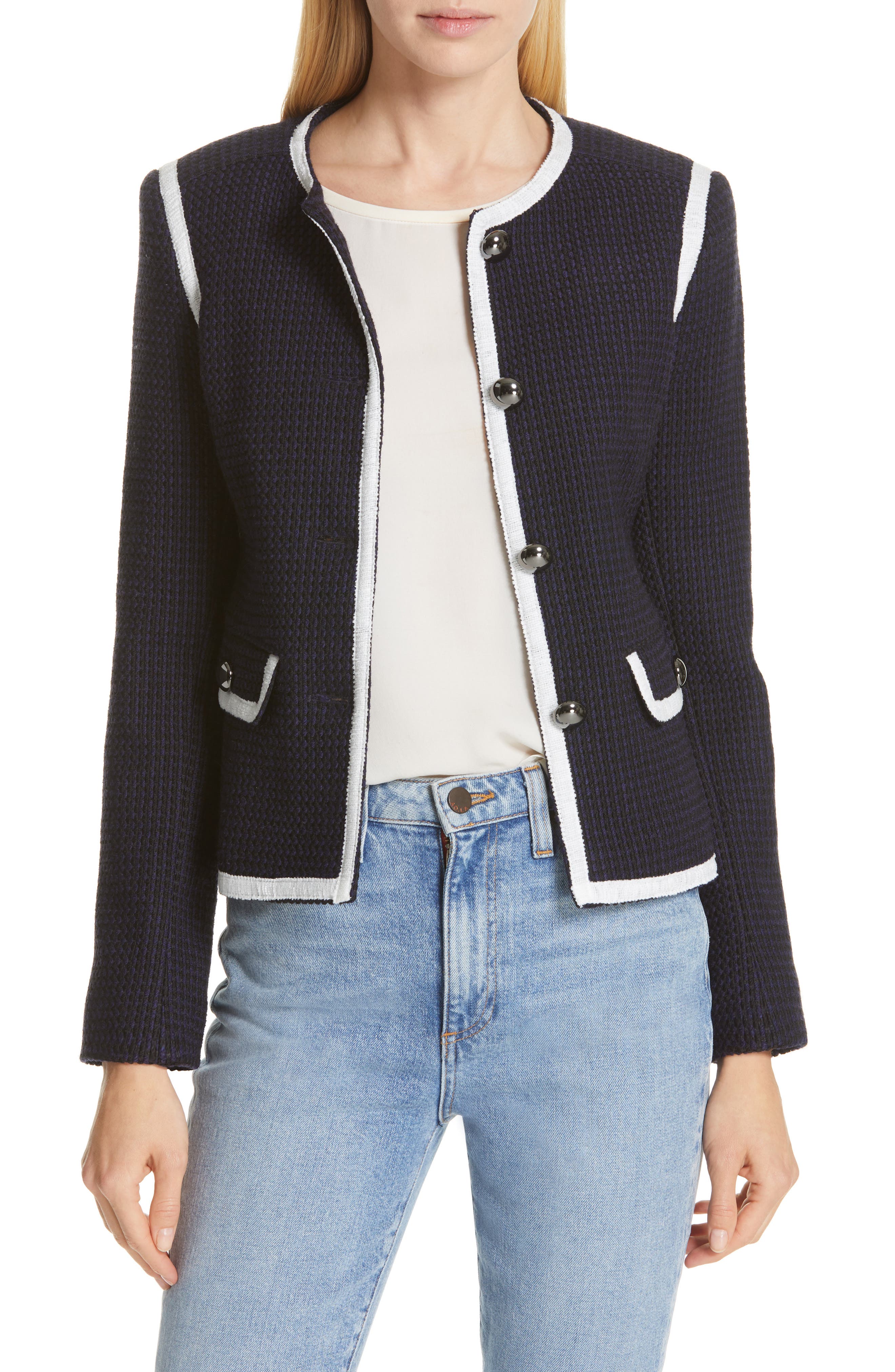  Contrast Trim Tweed Jacket, Main, color, NAVY