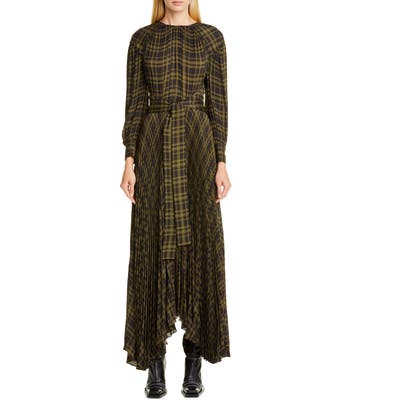 Proenza Schouler Pleated Plaid Chiffon Long Sleeve Maxi Dress, Black