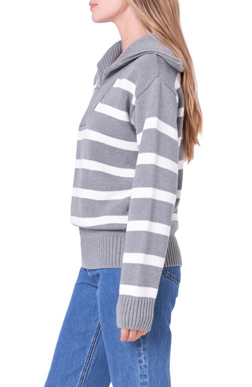 English Factory Stripe Cotton Zip Pullover In Heather Grey/white