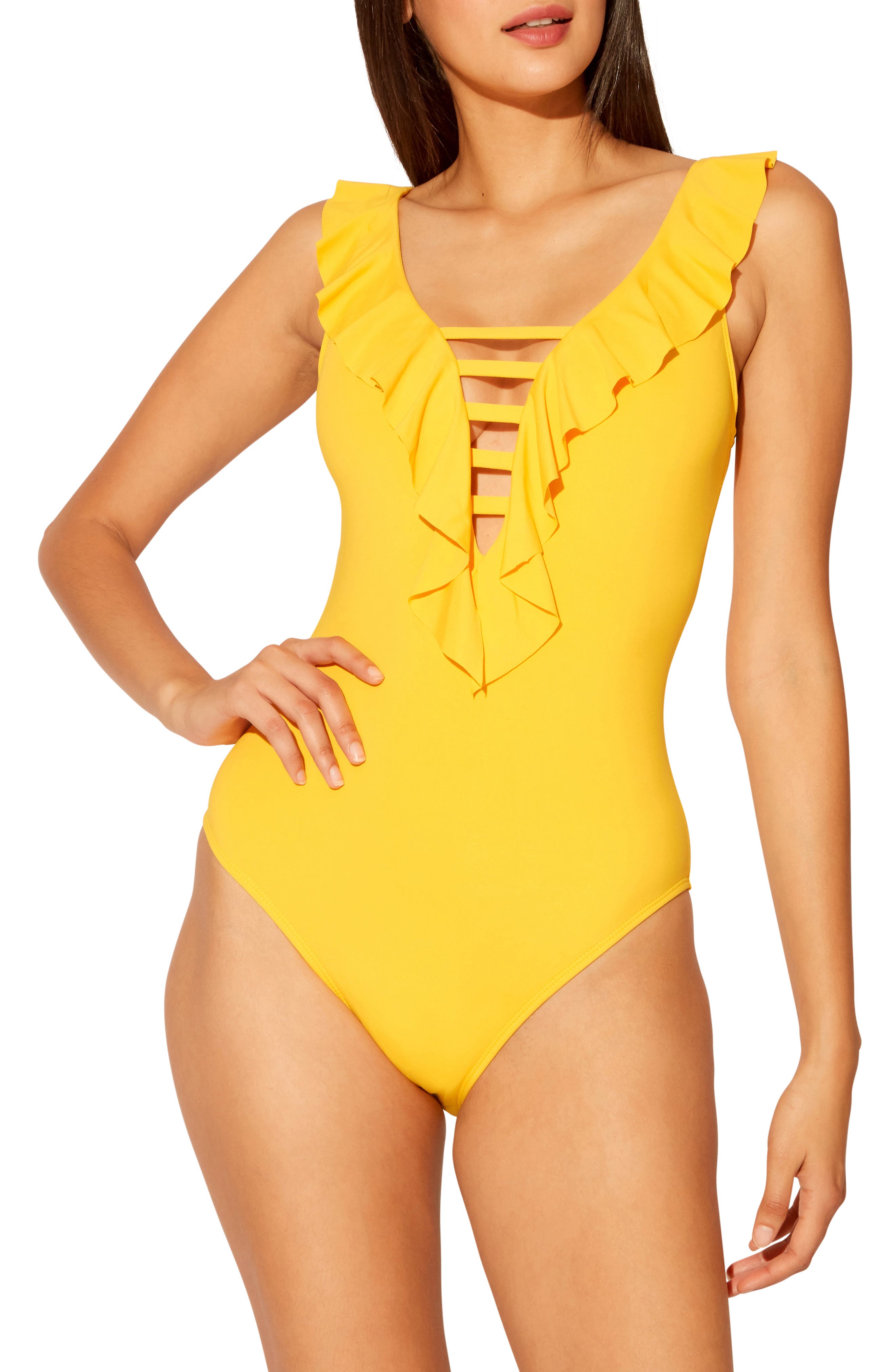 yellow one shoulder swimsuit