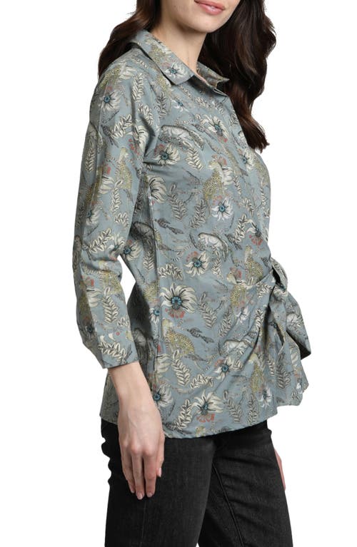 Apny Mixed Print Side Tie Cotton Button-up Shirt In Grey Multi