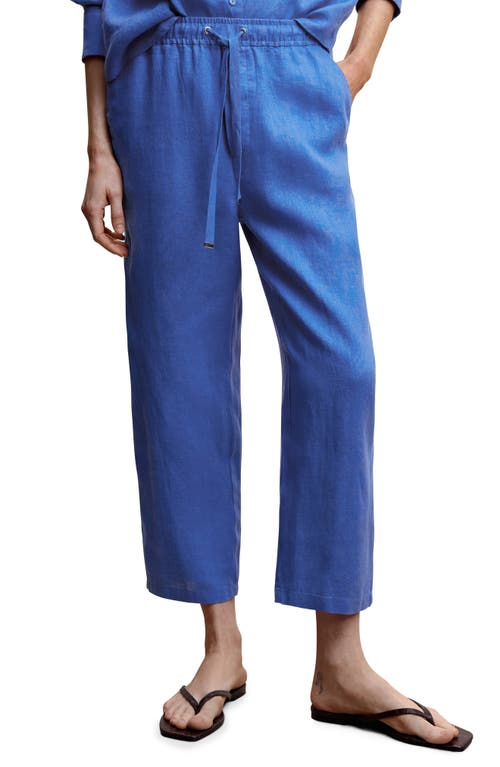 MANGO Tie Waist Linen Crop Pants in Medium Blue at Nordstrom