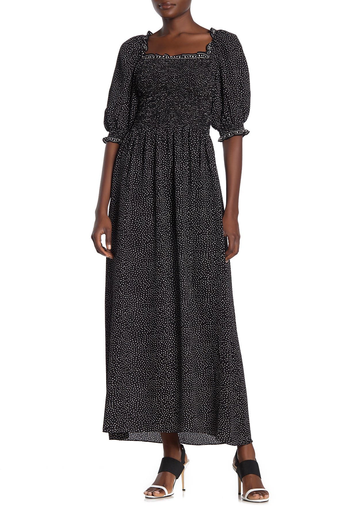 max studio floral print smocked maxi dress