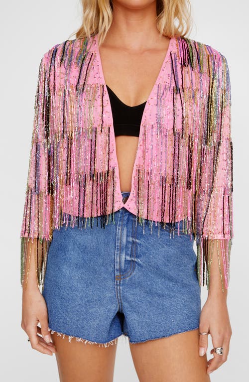 NASTY GAL Tiered Bead Fringe Crop Jacket Pink at Nordstrom,