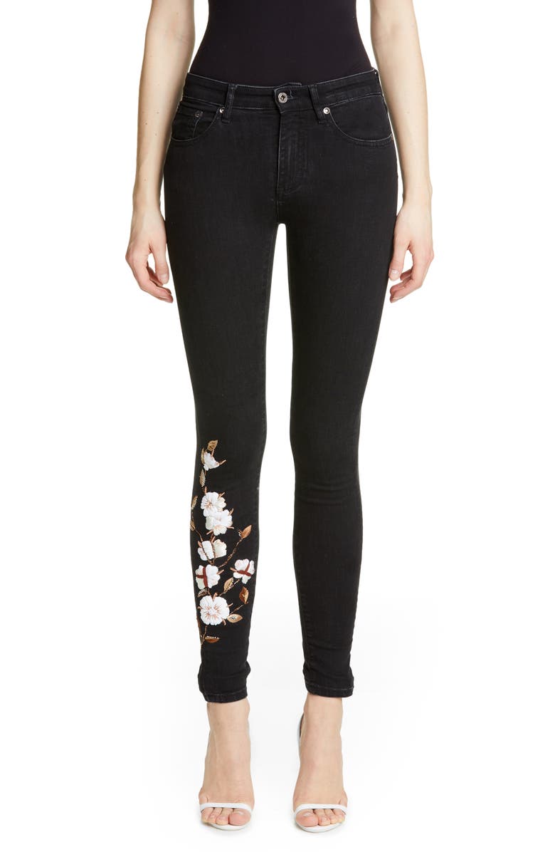Off-White Floral Embroidered Diagonal Stripe Skinny Jeans | Nordstrom
