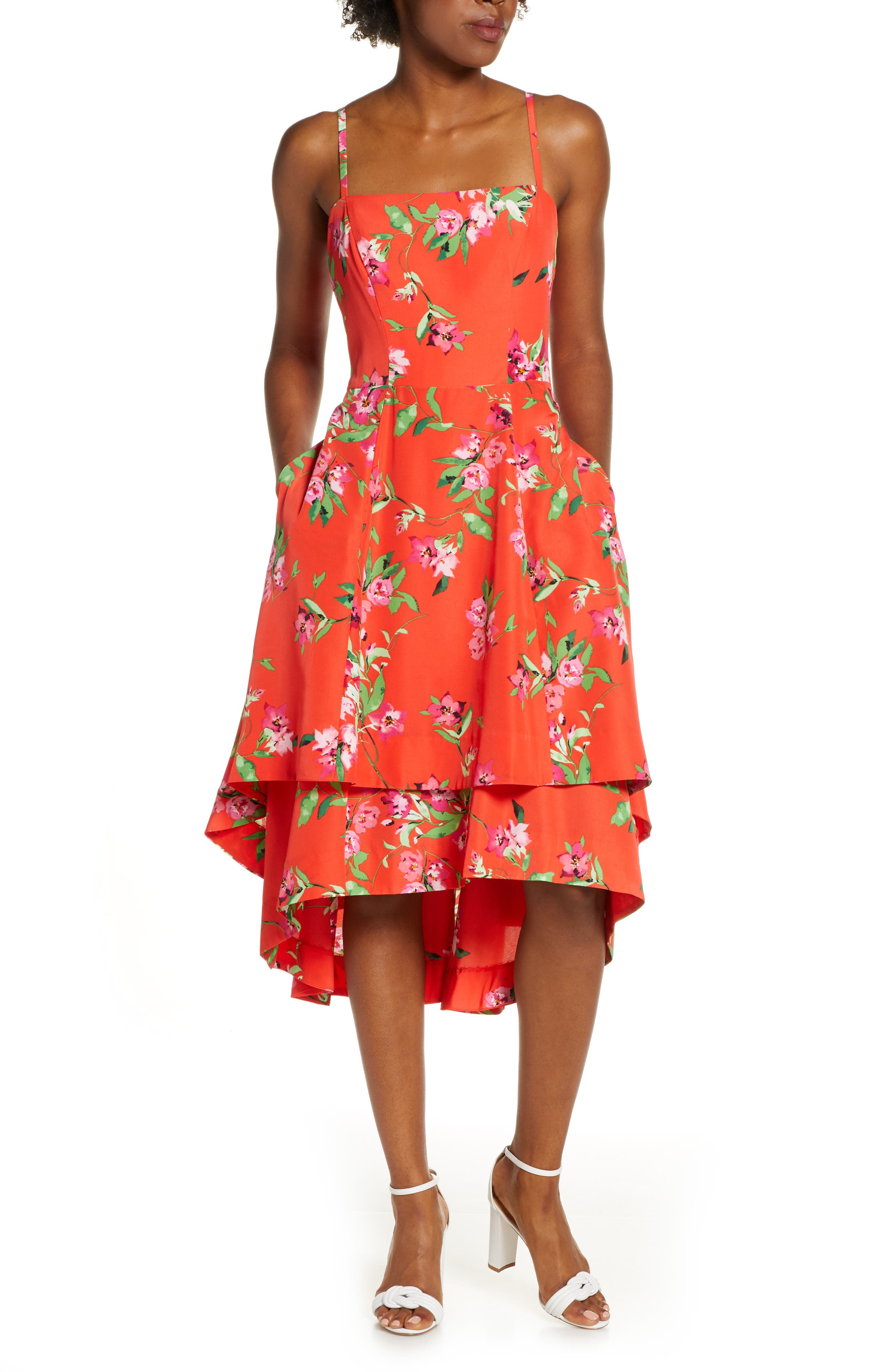 Vince Camuto Floral Tiered High/low Midi Sunddress, Pink