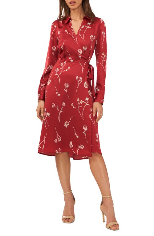 halogen(r) Long Sleeve Faux Wrap Midi Shirtdress in Earth Red Print