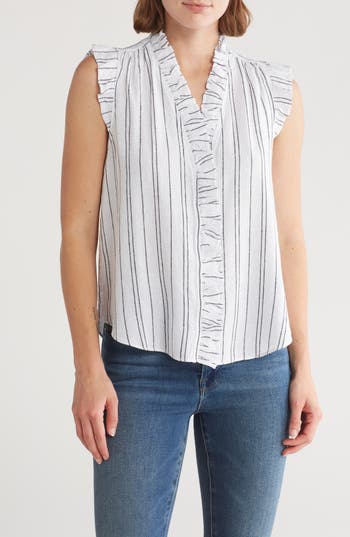 Ellen Tracy Ruffle Linen Blend Shirt In Black/white Stripe
