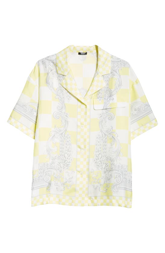 Shop Versace Boarder Baroque Checkerboard Silk Camp Shirt In Pale Yellow White Silver