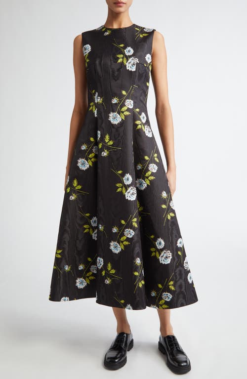 Shop Emilia Wickstead Kalina Floral Moiré A-line Dress In Rose Stems On Black