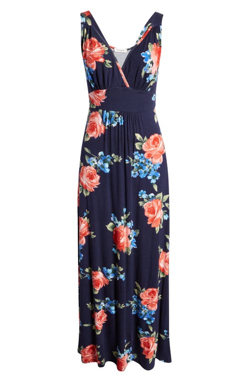 Loveappella Floral Surplice V-neck Knit Maxi Dress In Navy/red