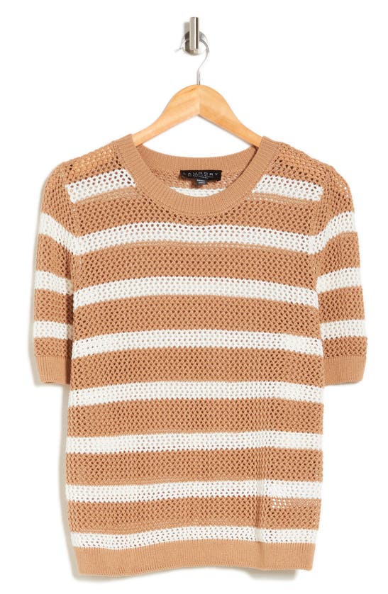 Laundry By Shelli Segal Open Weave Stripe Short Sleeve Sweater In Camel/ Marshmallow