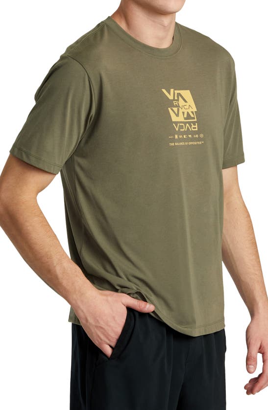 Shop Rvca Splitter Stacks Performance Graphic T-shirt In Olive