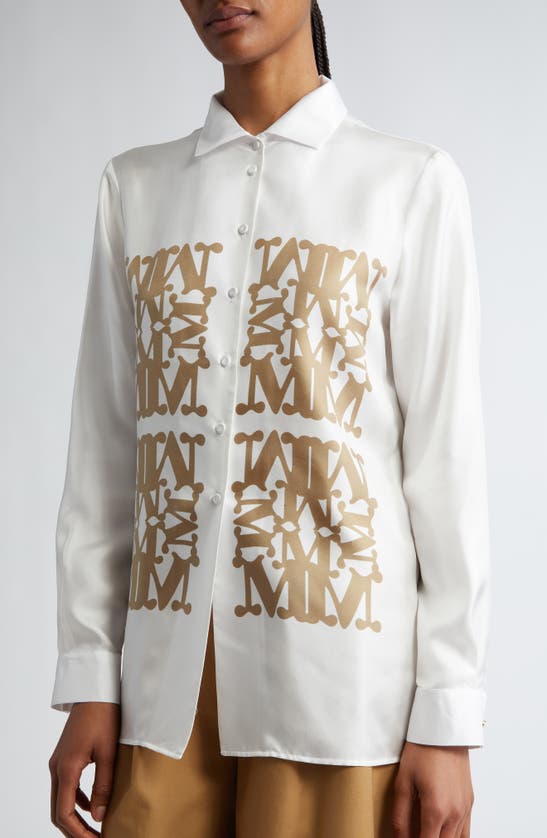 Shop Max Mara Legno Monogram Print Silk Twill Shirt In Vanilla