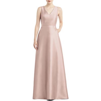 Alfred Sung V-Neck Satin A-Line Gown, Pink