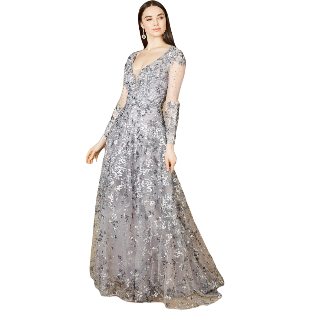 Lara New York A-line Gown With Long Sleeves, V-neckline In Dustypurple