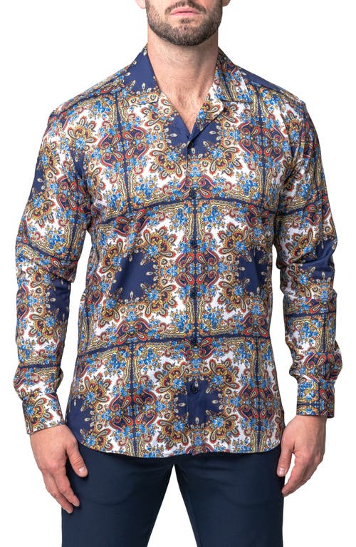 Maceoo Archemedis Florentine Print Regular Fit Cotton Button-Up Shirt in Blue Multi