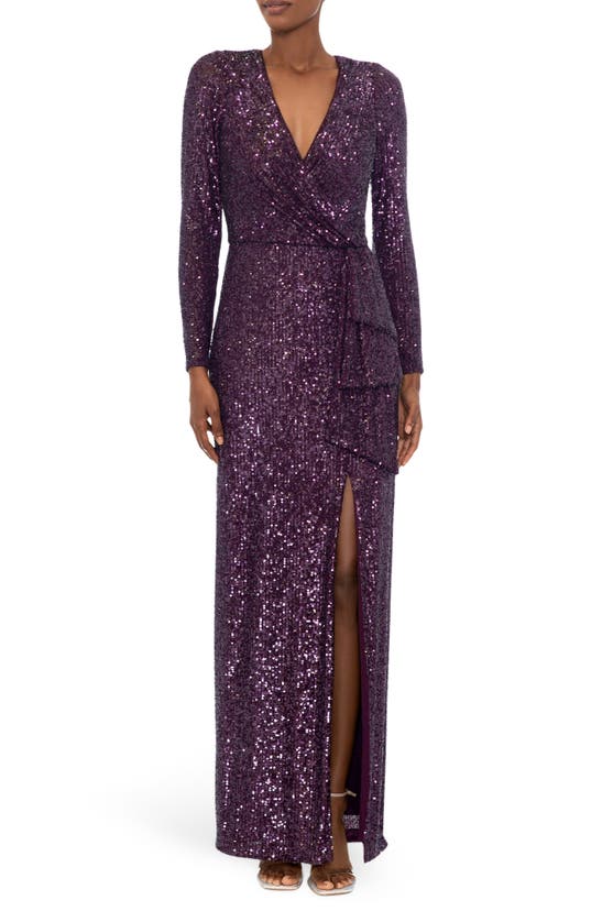 Xscape Evenings Sequin Long Sleeve Column Gown In Mulberry