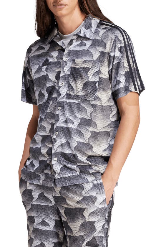 Shop Adidas Sportswear Tiro Print Mesh Short Sleeve Button-up Shirt In Black/ Putty Grey