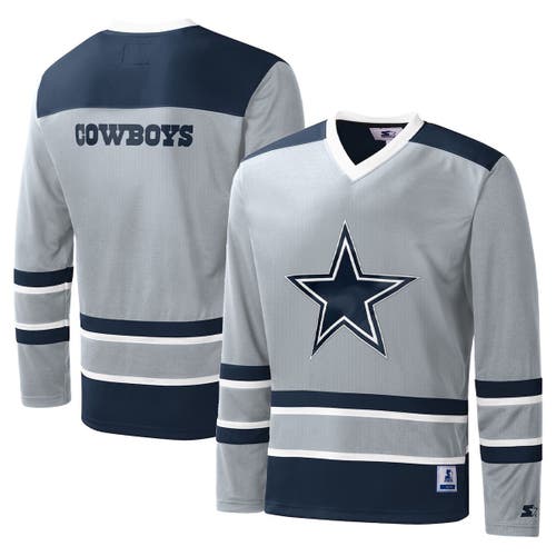 Men's Starter Gray Dallas Cowboys Cross Check Long Sleeve V-Neck Shirt