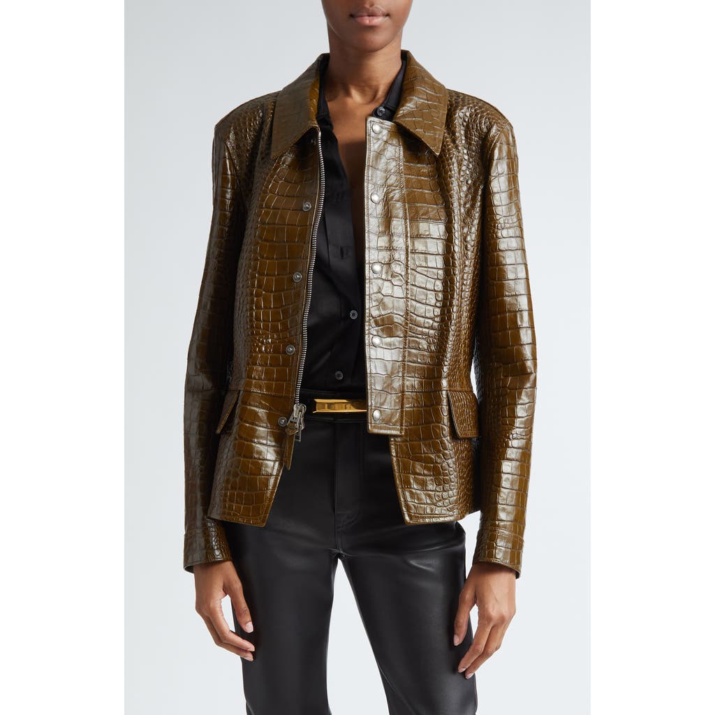 Tom Ford Croc Embossed Lambskin Leather Jacket In Olive Ombre