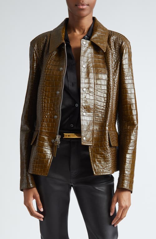 TOM FORD Croc Embossed Lambskin Leather Jacket in Olive Ombre at Nordstrom, Size 12 Us