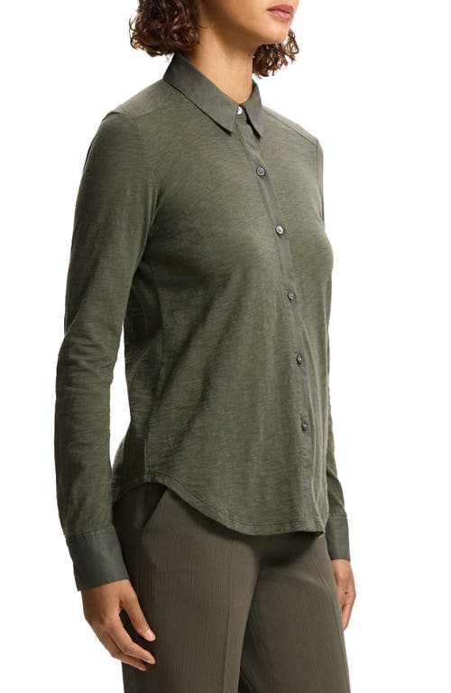 Shop Theory Riduro C.nebulous Organic Cotton Slub Long Sleeve Button-up Shirt In Dark Olive